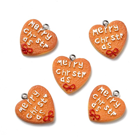 Opaque Resin Pendants, with Platinum Tone Iron Loops, Imitation Gingerbread, Christmas Theme, Heart with Word Merry Christmas