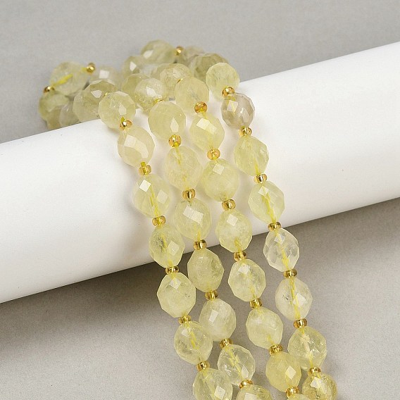 Нити из натуральных бусин лимонного кварца (обработанных нагреванием), граненые, овальные, с бисером