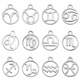 12Pcs 12 Style 201 Stainless Steel Charms, Stainless Steel Color, Flat Round with Constellation
