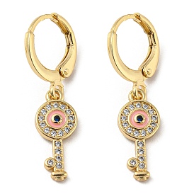 Real 18K Gold Plated Brass Dangle Leverback Earrings, with Enamel and Cubic Zirconia, Key with Evil Eye