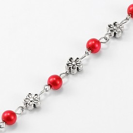 Handmade Round Glass Pearl Beads Chains for Necklaces Bracelets Making, with Tibetan Style Alloy Flower Links and Iron Eye Pin, Unwelded, 39.3 inch
