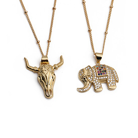 Boho Elephant and Bull Head Pendant Necklace with Copper Zirconia Gemstone Accent