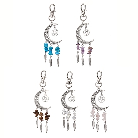 Tibetan Style Alloy Moon with Feather Pendant Decorations, with Natural Amethyst & Rose Quartz & Tiger Eye & Synthetic Opalite & Turquoise Chip Beads