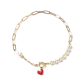 Glass Pearl Beaded Necklaces, with 304 Stainless Steel Paperclip Chains and Heart Charms, Golden