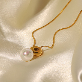 Vintage French Style Pearl Pendant Necklace in High-Shine Stainless Steel