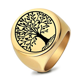 Fashionable Titanium Steel Signet Rings, Tree of Life