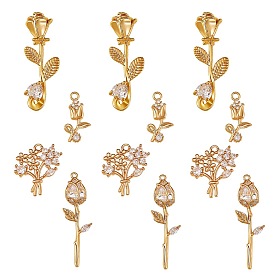 12Pcs 4 Style Brass Micro Pave Cubic Zirconia Pendants, Real 18K Gold Plated, Flower
