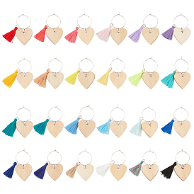 1 набор подвесок в виде сердечек из дерева для бокалов вина, с кисточкой из поликоттона и латунными кольцами