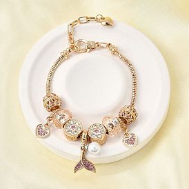 Сплав европейские бусины браслеты с подвесками, браслеты из змеиной цепи для женщин, рыбий хвост и сердце, со смолой, стразами и искусственным жемчугом из АБС, без свинца и без кадмия