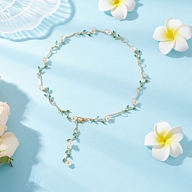Цепочки-колье из латунной микропаве с зелеными кубическими цирконами и искусственным жемчугом в виде цветочной ветки для женщин
