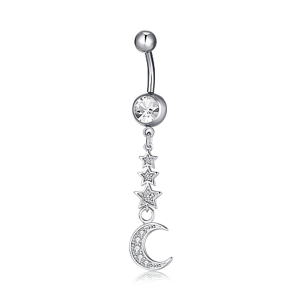 Piercing Jewelry, Brass Cubic Zirconia Navel Ring, Belly Rings, with Stainless Steel Findings, Lead Free & Cadmium Free, Moon with Star