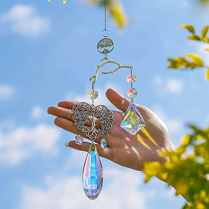 Glass Teardrop Pendant Decorations, Alloy Heart with Tree of Life Hanging Suncatchers, for Home, Car Interior Ornaments
