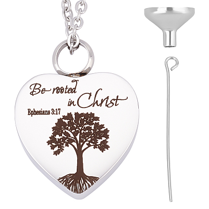 Be Rooted in Christ Tree of Life Urn Pendant Necklace, Heart Ashes Urn Necklace, with Mini Funnel