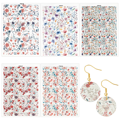 5 шт. 5 стили цветочный узор керамика глина вода переводная бумага, переводные декали под глазурью, для сережек-подвесок своими руками