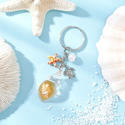 Брелки в форме ракушки из акрила, с синтетическими бирюзовый, с железными разрезными брелоками, старинное серебро и платина