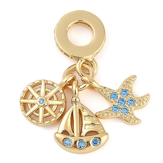 Покрытие стойки латунь кубический цирконий европейские подвески с подвесками, подвески с большими отверстиями в виде штурвала, парусника и морской звезды, реальный 18 k позолоченный, долговечный, без кадмия и без свинца