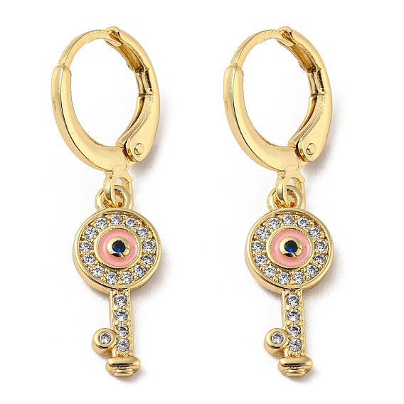 Golden Brass Dangle Leverback Earrings, with Enamel and Cubic Zirconia, Key with Evil Eye
