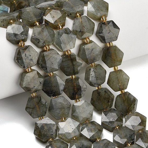 Brins de perles de labradorite grise naturelle, hexagone, coupe hexagonale facettée, avec des perles de rocaille