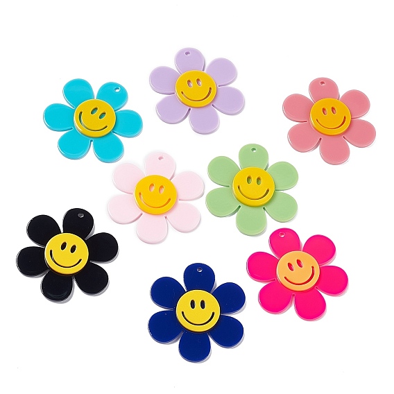 Opaque Acrylic Big Pendants, Sunflower with Smiling Face Charm