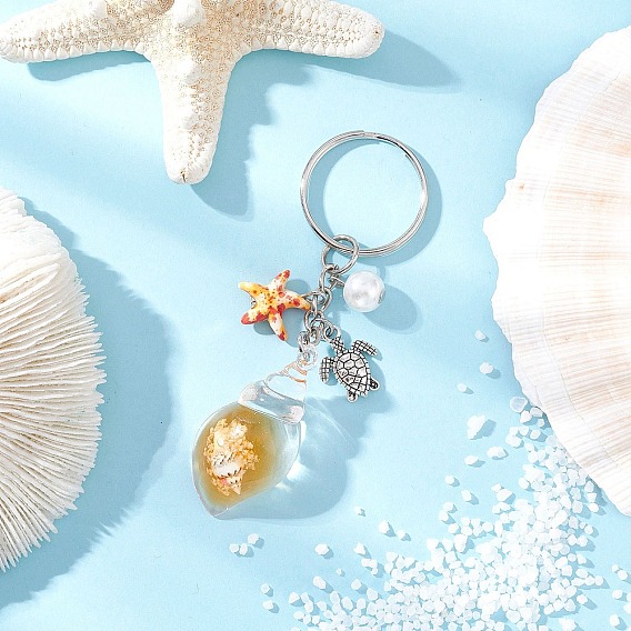 Брелки в форме ракушки из акрила, с синтетическими бирюзовый, с железными разрезными брелоками, старинное серебро и платина