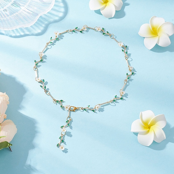 Цепочки-колье из латунной микропаве с зелеными кубическими цирконами и искусственным жемчугом в виде цветочной ветки для женщин