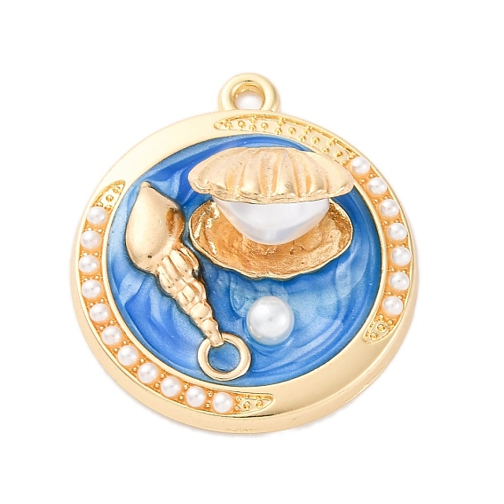 Подвески из эмали и сплава, с ABS имитации жемчуга, без кадмия, без никеля и без свинца, стойки покрытие, плоский фон с раковиной и шармом из ракушек, золотые