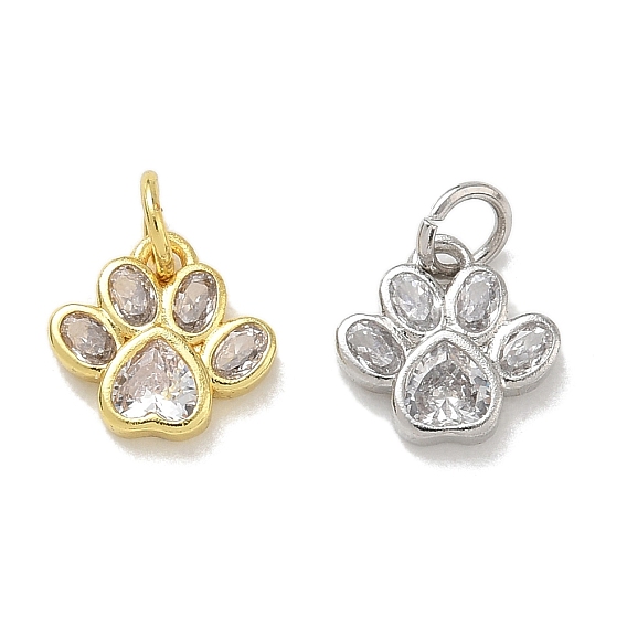 Brass Pave Clear Cubic Zirconia with Glass Charms, Paw Print Charms, Rack Plating, Long-Lasting Plated, Cadmium Free & Lead Free