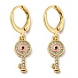 Golden Brass Dangle Leverback Earrings, with Enamel and Cubic Zirconia, Key with Evil Eye