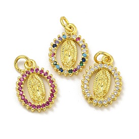 Virgin Mary Theme Rack Plating Brass Micro Pave Cubic Zirconia Pendants, Long-Lasting Plated, Real 18K Gold Plated, Lead Free & Cadmium Free, Oval with Virgin Mary