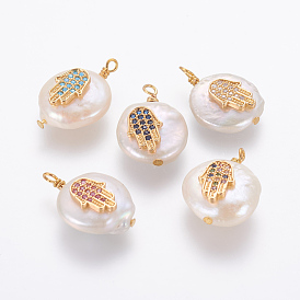 Natural Cultured Freshwater Pearl Pendants, with Brass Micro Pave Cubic Zirconia Findings, Nuggets with Hamsa Hand/Hand of Fatima/Hand of Miriam, Golden