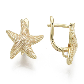 Brass Hoop Earring Findings with Latch Back Closure, with Horizontal Loop, Nickel Free, Starfish Shape