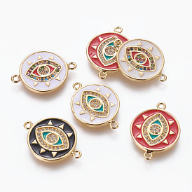 Brass Enamel Links, with Cubic Zirconia, Flat Round with Evil Eye, Golden