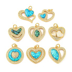 Valentine's Day Brass Micro Pave Cubic Zirconia with Synthetic Opal Pendants, with Jump Ring, Heart & Flat Round