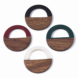 Resin & Walnut Wood Pendants, Opaque, Waxed, Flat Round Shaped Bag