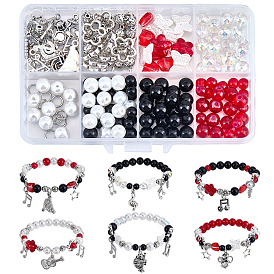 Наборы для изготовления браслетов своими руками, включить подвески из сплава, круглые бусины из сплава, стекла и АБС-пластика, имитирующие жемчуг и стеклянный жемчуг., Перейти латунные, плоская эластичная кристаллическая струна