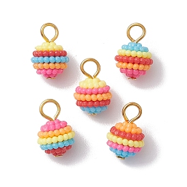 Rainbow Color Resin Waxberry Round Charms with Golden Tone Iron Loops