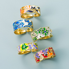 Punk Style Copper Plated Gold Drip Oil Blue and White Porcelain Pattern Hip Hop Open Ring Jewelry