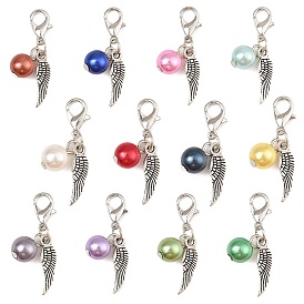 12Pcs 12 Colors Round Acrylic & Wing Alloy Pendant Decoration, Lobster Claw Clasps Charms for Backpack Key Chain Ornaments