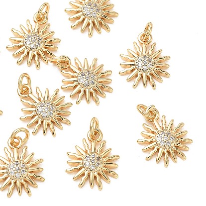 SHEGRACE Brass Micro Pave Cubic Zirconia Pendants, Cadmium Free & Nickel Free & Lead Free, Sun Charms, Clear