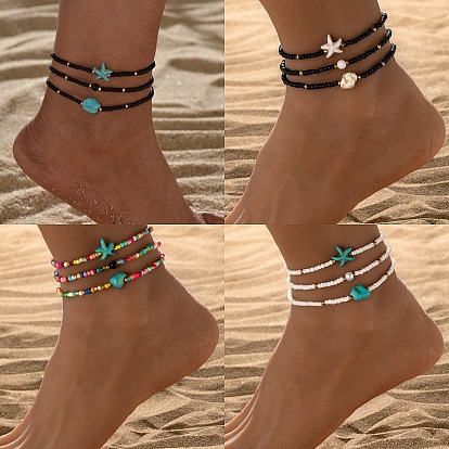 3шт. браслеты на ногу из синтетического бирюзового стекла с морскими звездами для пляжа