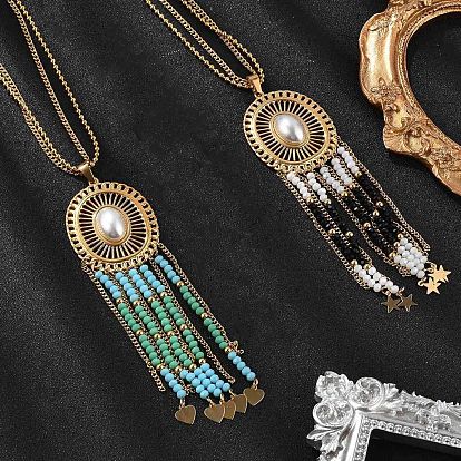 Богемный 304 ожерелья из нержавеющей стали и искусственного жемчуга с овальными подвесками, стеклянные бусины кисточки ожерелья для женщин, реальный 18 k позолоченный