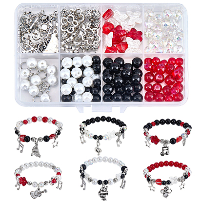 Наборы для изготовления браслетов своими руками, включить подвески из сплава, круглые бусины из сплава, стекла и АБС-пластика, имитирующие жемчуг и стеклянный жемчуг., Перейти латунные, плоская эластичная кристаллическая струна