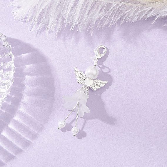 Подвеска в виде ангела из матового акрила и стеклянного жемчуга, с крыльями в виде сердца из сплава и застежками-клешнями лобстера, серебряный цвет гальваническим