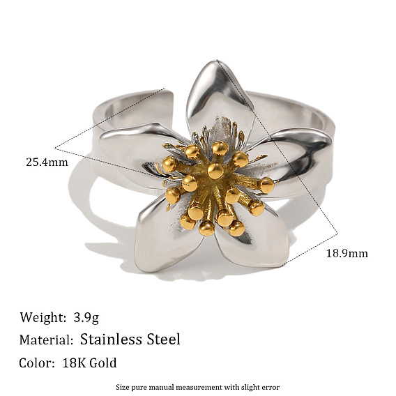 Two Tone 304 Stainless Steel Cuff Open Rings for Women, Flower