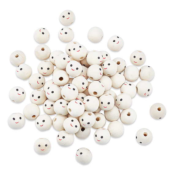 Maple Wood European Beads, Printed, Large Hole Beads, Undyed, Round with Smiling Face