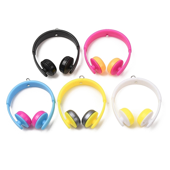Opaque Resin Pendants, Headphones Charm with Platinum Iron Loops