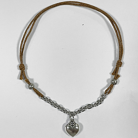 Adjustable Alloy Heart Charm Bracelets, with Waxed Cotton Cord and 304 Stainless Steel Cable Chains, Antique Silver & Stainless Steel Color