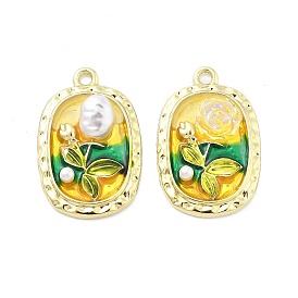 Alloy Enamel Pendants, with Plastic Imitation Pearl, Oval with Flower Charm