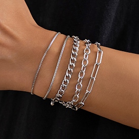 5Pcs 5 Styles Alloy Chain Bracelets Set, Box Chains & Paperclip Chains & Round Snake Chains & Curb Chains Stackable Bracelets