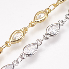 Cubic Zirconia Handmade Beaded Chains, Soldered, with Brass Findings, Drop